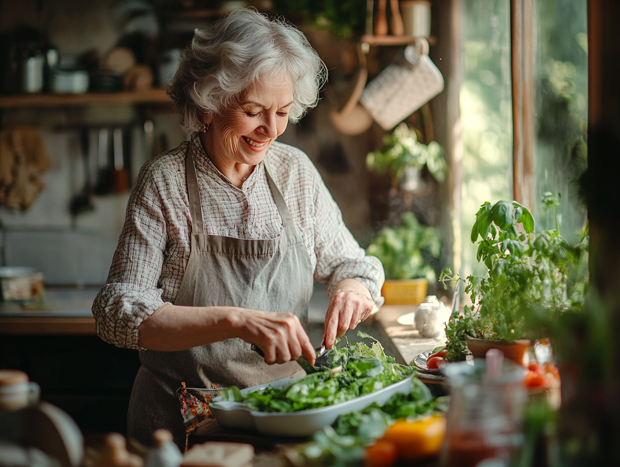 Старше подружжя готує здорову їжу разом
